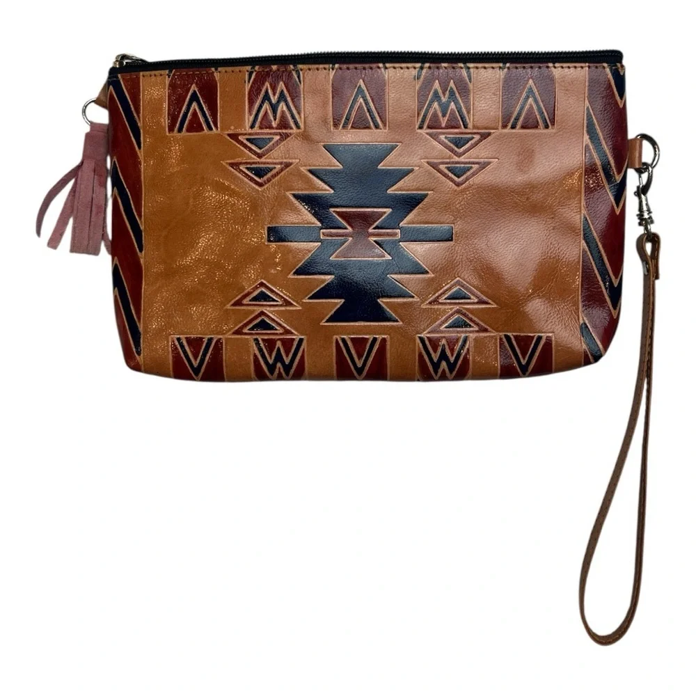 NWT’S World Market Genuine Leather Aztec Wrist Bag cognac, and red